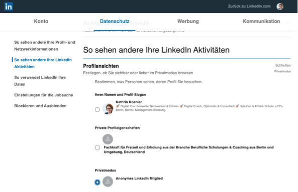 LinkedIn Privatmodus aktivieren